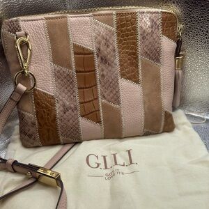 Tan Leather and suede crossbody G.I.L.I bag with tassel and gold accents
